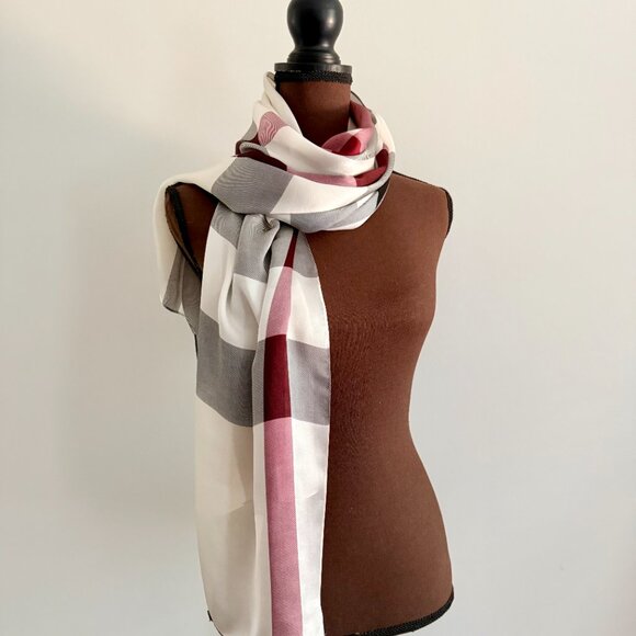Burberry Check Print Ivory Silk Satin Scarf - Picture 14 of 16